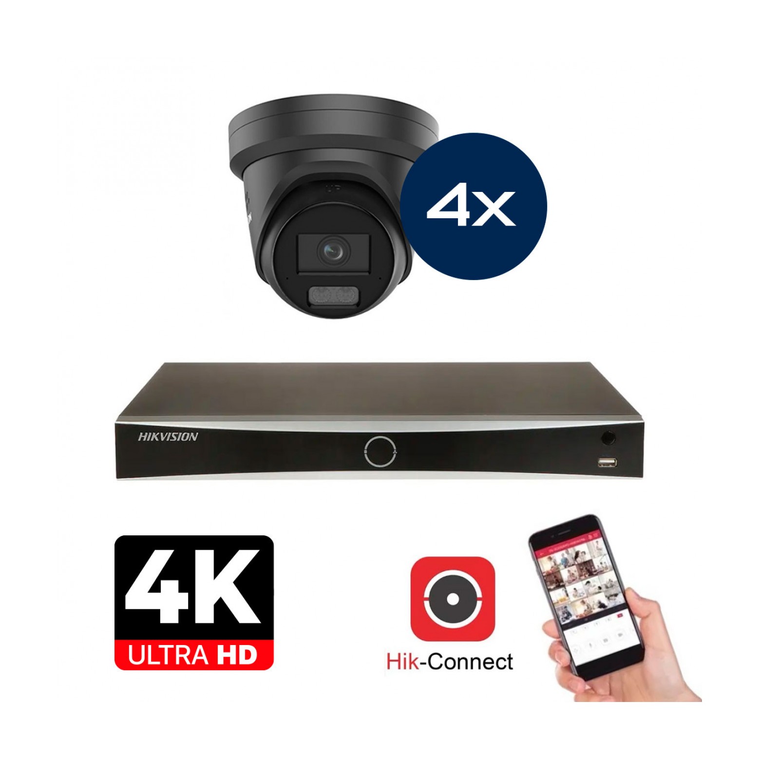 Hikvision Kamera Set - 4x Colorvu 3.0 - Turret - 8MP (4K) - Audio und Mikrofon - IP -   Schwarz